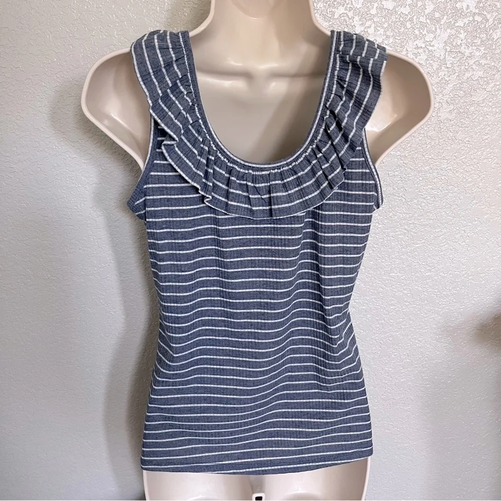 Jolt Ruffled Round Neck Sleeveless Striped Tank Top Women’s Blue Size Medium